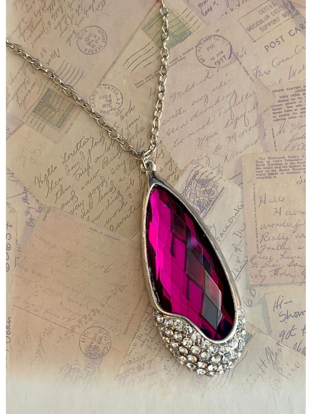 Vintage Magenta Crystal Teardrop Pave Accent Pendant Necklace